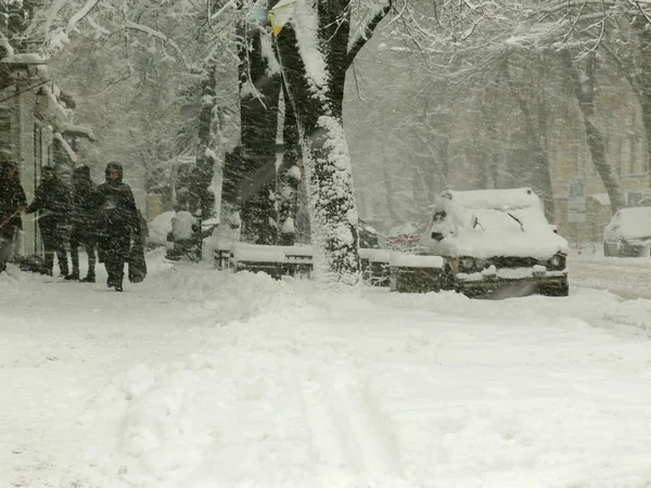 Nublado Desastres Naturales Invierno Ventisca Nieve Pesada Paralizado Carreteras Automóviles —  Fotos de Stock