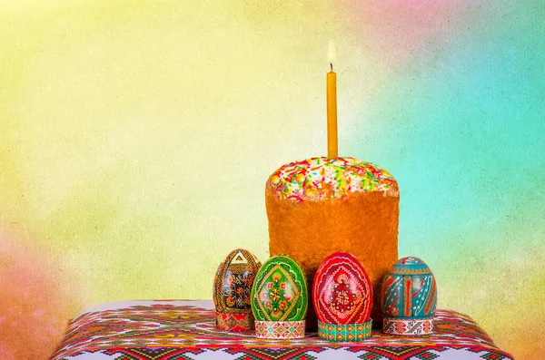 Easter Cake Easter Eggs Standing Embroidery Burning Candle Royalty Free Stock Photos