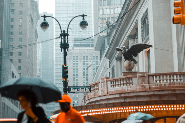 New York, USA - June 16, 2017: Downtown New York City on a rainy