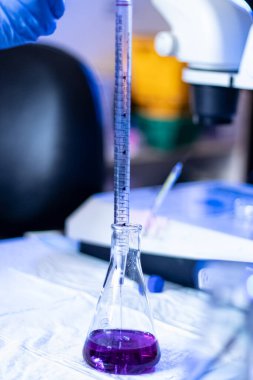 Bilim adamı, laboratuardaki reaksiyonları test etmek için konik şişeye mor bir sıvı koydu.