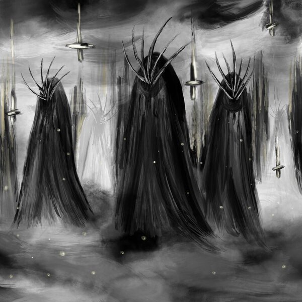 Evil magic characters and crosses in the mountains on the gray background