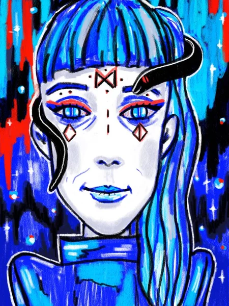 Belleza chica cyberpunk con serpiente y pelo azul —  Fotos de Stock