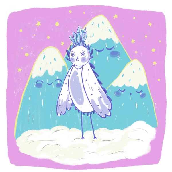 Fairy magic bird with crown on the mountains — Stock Photo, Image