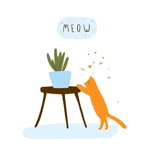 El gato quiere conseguir en la mesa con la planta — Vector de stock