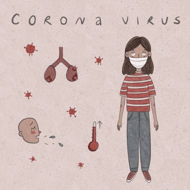 Tehlike Corona virüsü ve arka planda maskeli genç bir kız.