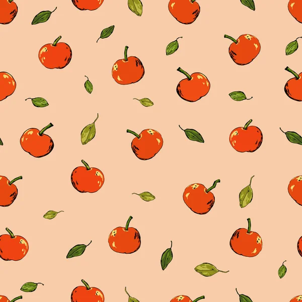 Roter Apfel Und Blattvektormuster Auf Dem Hintergrund — Stockvektor