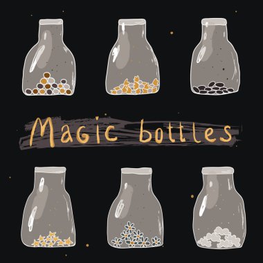 six happy and magic bottle with poition on the background