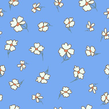 Mavi arka planda mutlu ve beyaz çiçek vektör deseni papatya çayı