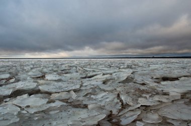Körfezin kıyısındaki buz sahili. 