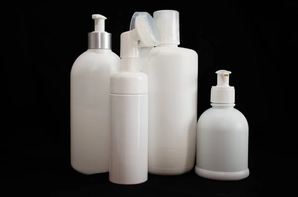 White Plastic Cosmetic Bottle Black Background — Stock Photo, Image