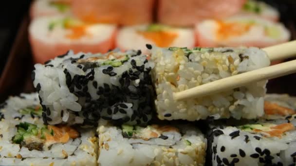 People Form Rolls Sushi Cooked Order — Stock Video