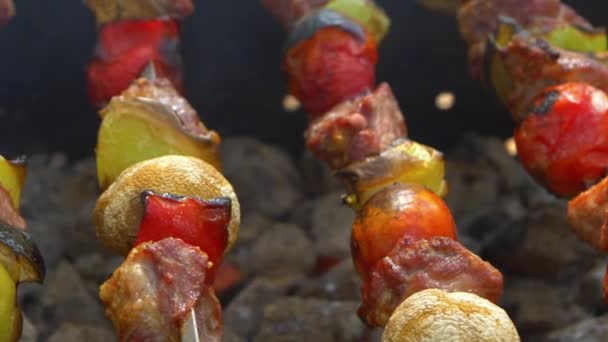 Espetos Com Deliciosos Kebabs Churrasco — Vídeo de Stock