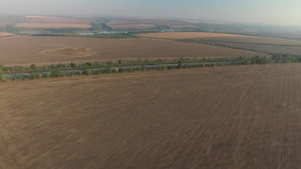 Aerial View Tilled Field Highway — Stock Video