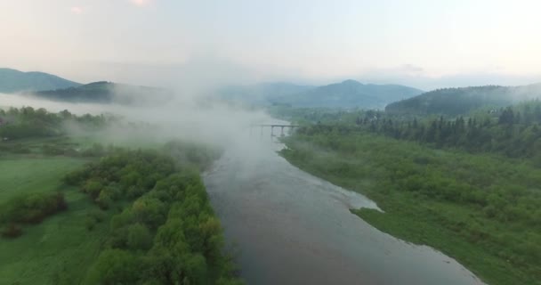 Puente Sobre Río Está Envuelto Por Niebla Aérea — Vídeos de Stock