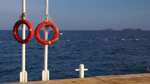 바다에 사람들 가운데 기둥에 매달린 생명의 — 비디오