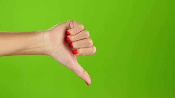 Великі Пальці Вниз Жіночої Руки Зеленому Екрані — стокове відео