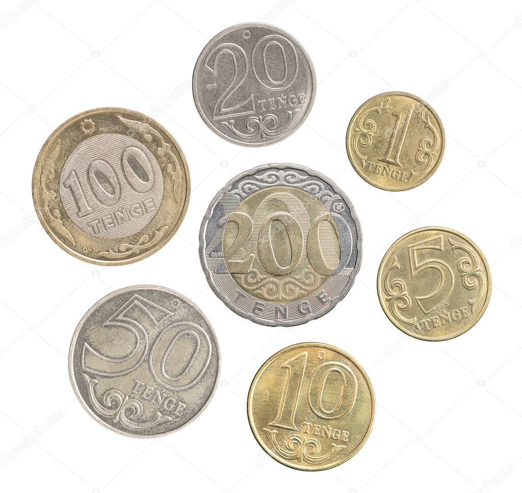 A full set of new Kazakhstan coins of a new sample in a heap isolated on white background