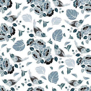 Kuşlar ve çiçekler ile sorunsuz yinelenen desen. Vektör