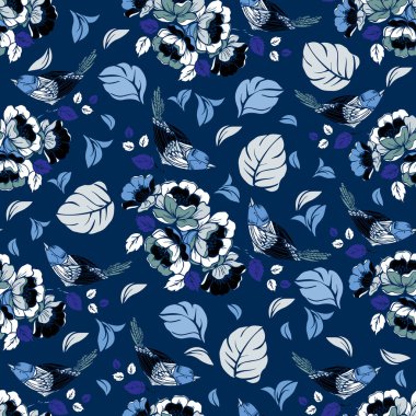 Kuşlar ve çiçekler ile sorunsuz yinelenen desen. Vektör