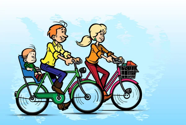 Jovem família andar de bicicleta. Vector — Vetor de Stock