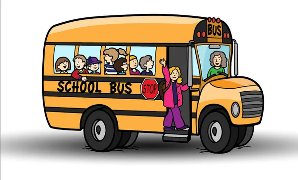 Школьный автобус с детьми на белом фоне — стоковый вектор
