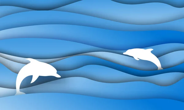 Formas de onda de corte de papel con delfines — Vector de stock