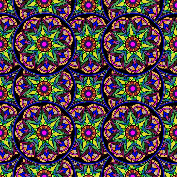 Seamless repeating pattern of colored mandalas — Stock Vector