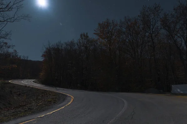 Noche Bosque otoñal bajo la luz de la luna y el cielo estrellado — Foto de Stock