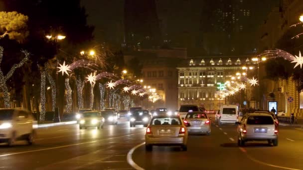 阿塞拜疆巴库 2019年12月28日 巴库大道树木上的新年花环 — 图库视频影像