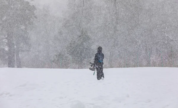 Elleri dağda, kar yağışı altında kar kayağı yapan bir kız.