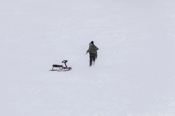 A child drags a sled uphill — 스톡 사진