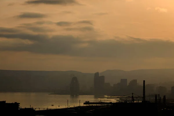 Panorama Bakou Coucher Soleil Doré — Photo