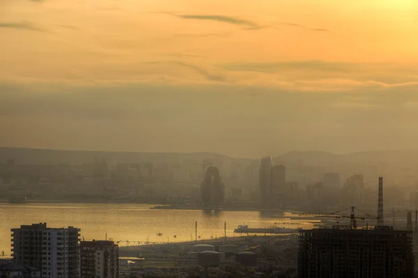 Panorama Bakou Coucher Soleil Doré — Photo