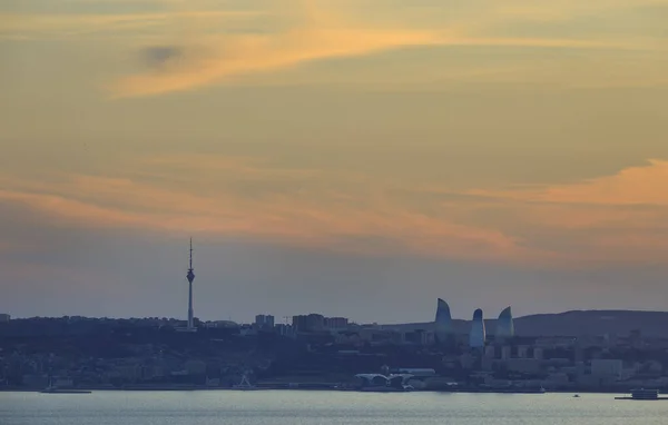 Panorama Bakou Coucher Soleil Doré — Photo