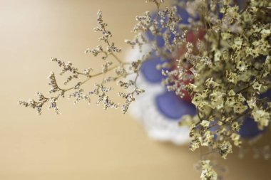 Kurutulmuş çiçek vazo arka planda bulanık.