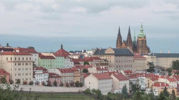 Vista noturna do Castelo de Praga a partir de Petrin Gardens — Vídeo de Stock