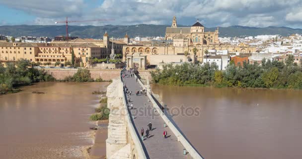 Blick auf die Brücke puente romano von oben in Cordoba — Stockvideo