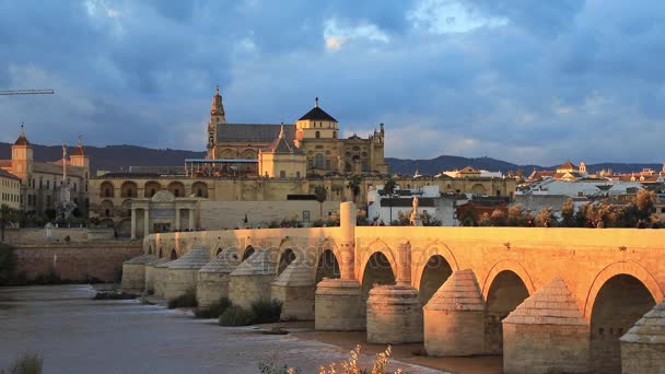 Ponte Puente Romano à noite em Córdoba — Vídeo de Stock