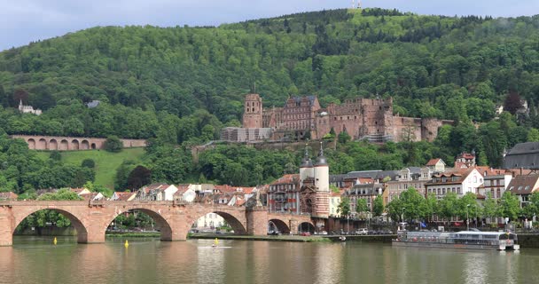 Old Bridge (Alte Brucke) and Heidelberg Castle in Heidelberg, Germany — Stock Video