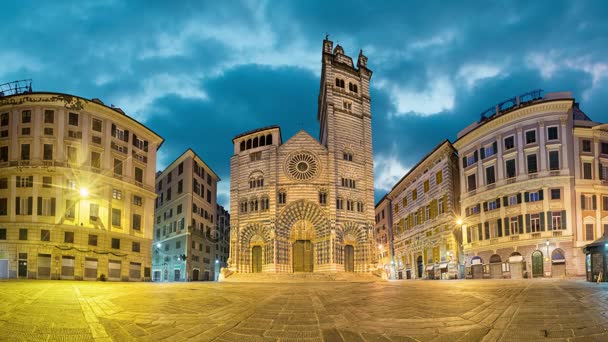 Cathedral Genoa Dusk Panoramic View Piazza San Lorenzo Square Genoa — Stock Video