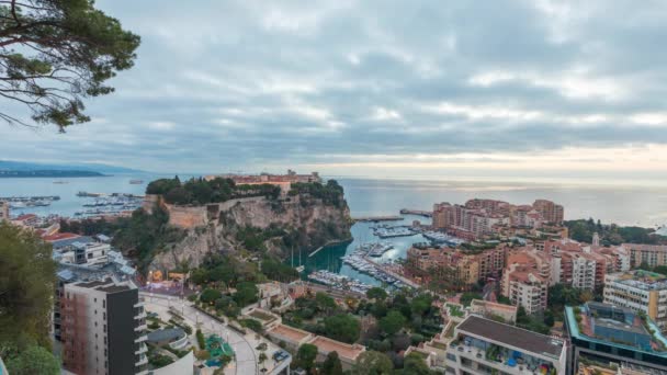 Sunrise Monaco Met Het Oog Poort Fontvieille Rock Van Monaco — Stockvideo