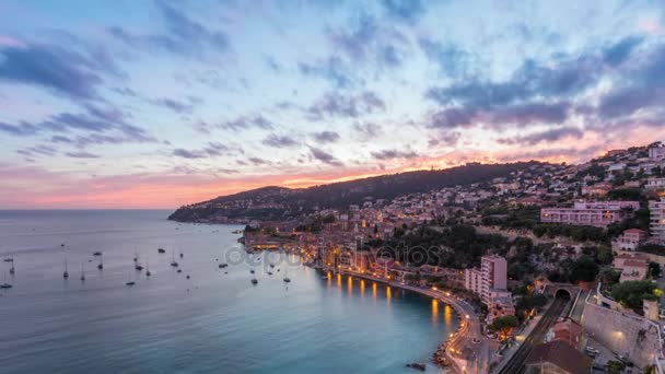 Vista Aérea Villefranche Sur Mer Baía Villefranche Pôr Sol Alpes — Vídeo de Stock