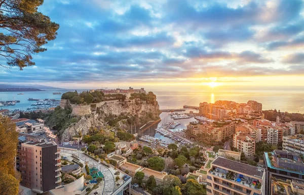 Lever de soleil à Monaco : Port Fontvieille et Rocher de Monaco — Photo