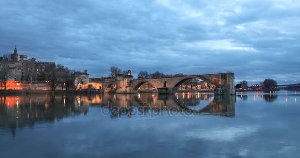 Zoom View Pont Avignon 12Th Century Bridge City Skyline Dusk — стоковое видео