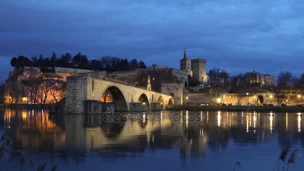 法国阿维尼翁第十二世纪桥和城市地平线上的景色倒映在黄昏的水中 — 图库视频影像