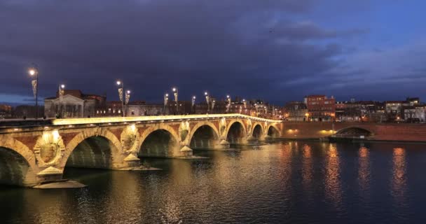 Statický Pohled Pont Neuf Nový Most Přes Řeku Garonne Soumraku — Stock video