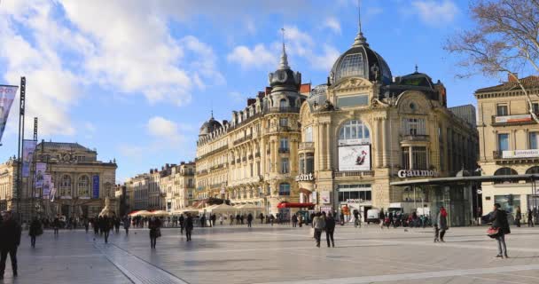 Montpellier França Janeiro 2018 Pessoas Caminham Place Comedie Grande Praça — Vídeo de Stock