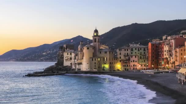 Colorful Houses Dusk Camogli Resort Town Genoa Liguria Italy — Stock Video
