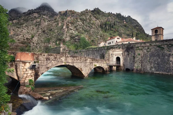 Kotor Montenegro Ponte Pedra Velha Através Rio Scurda Portão Para — Fotografia de Stock