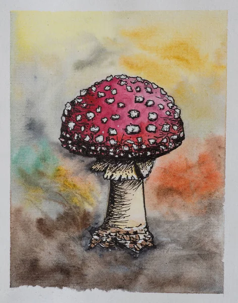 Aquarelle suluboya mantarı boyamak. Akarik işaretleyiciler, amanita muscaria.